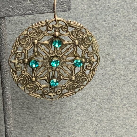 Mandala Filigree Dangle Earrings 1.75 In Silver Turquoise Rhinestone Exotic Glam - Picture 2 of 3